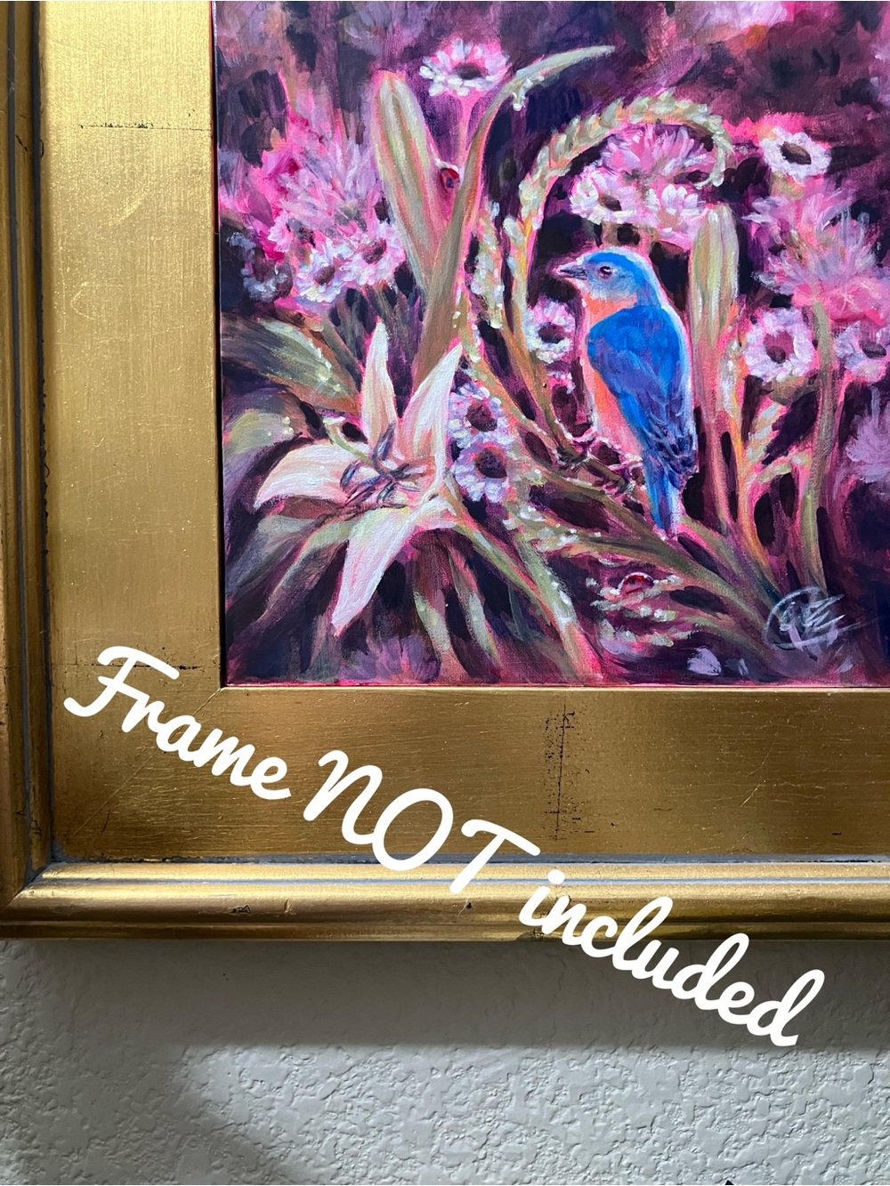 ORIGINAL blue bird floral still life painting robin fruit art nature artwork USA